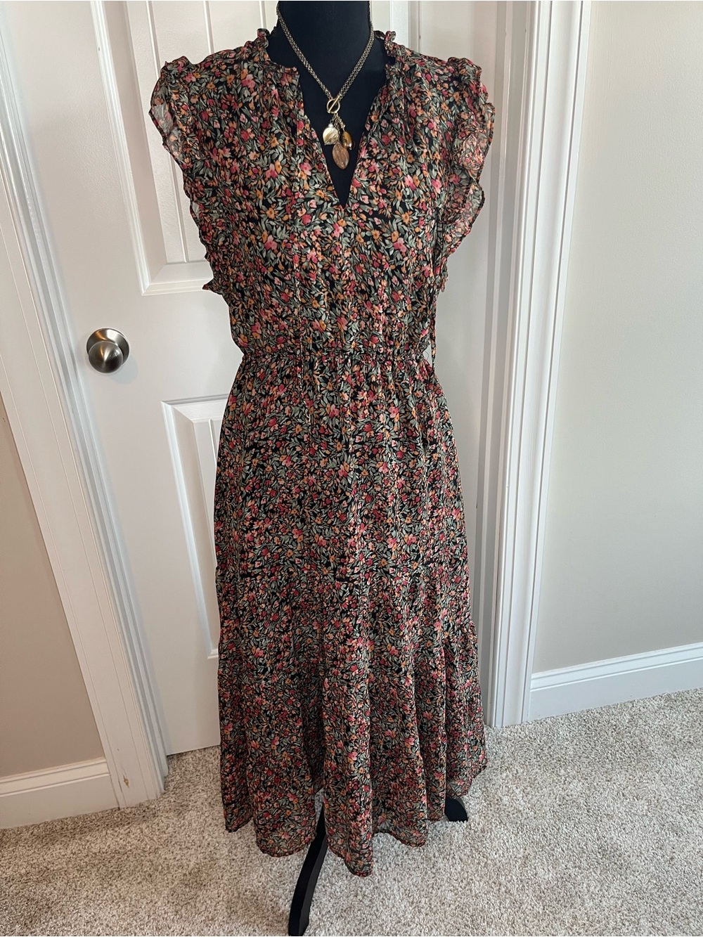 BB Dakota Black Floral Ruffle Sleeve Maxi Dress with Pink & Green Print